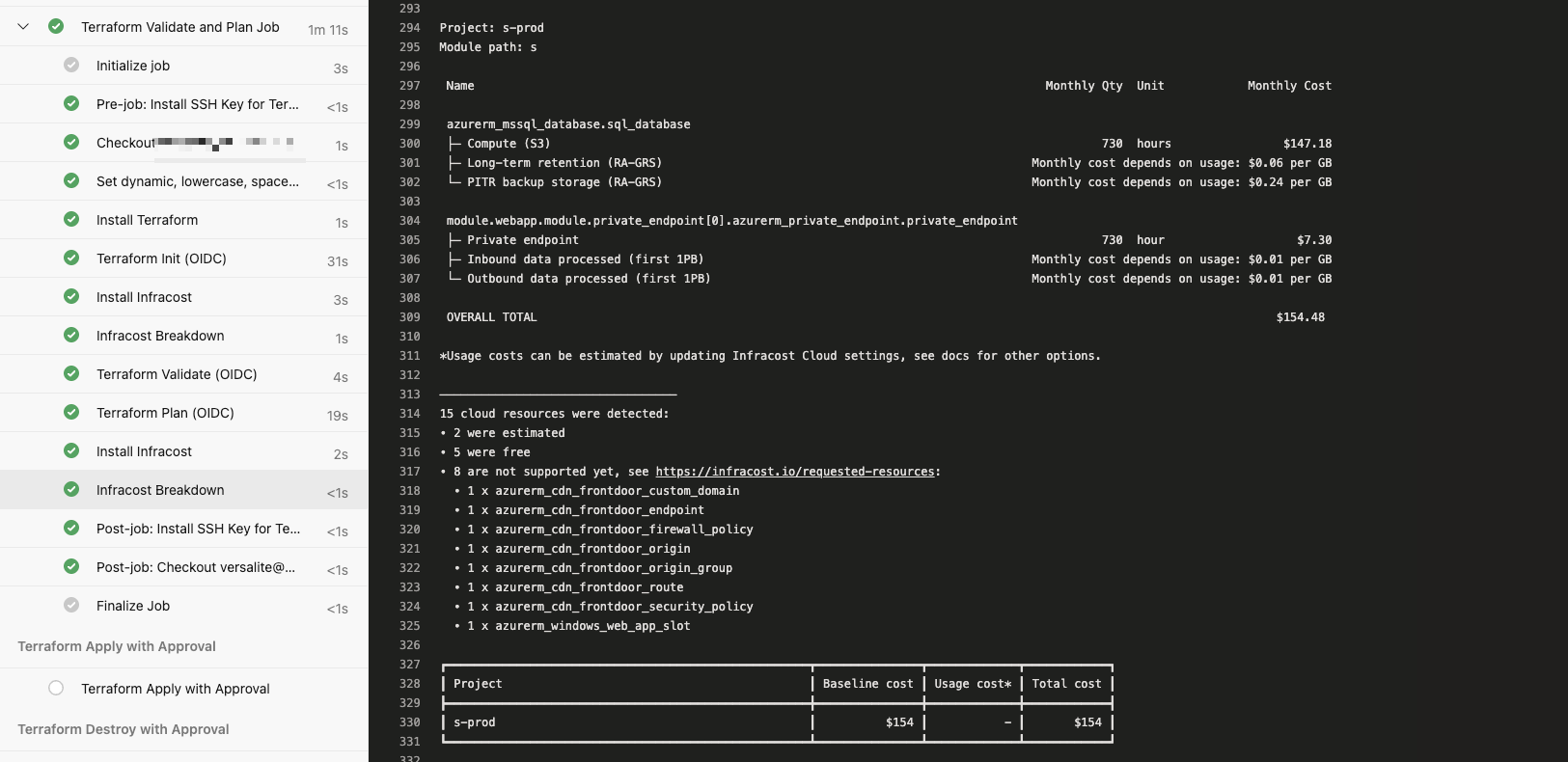 The Infracost output summarised in a table and shown in the pipelines job
