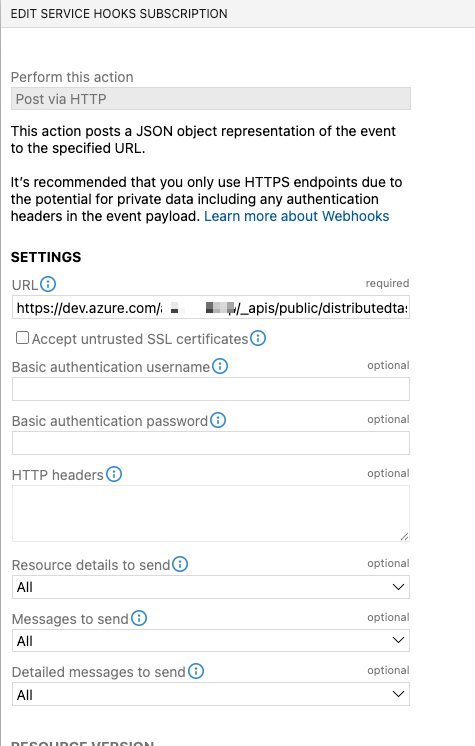 Azure DevOps service trigger configuration for incoming webhook