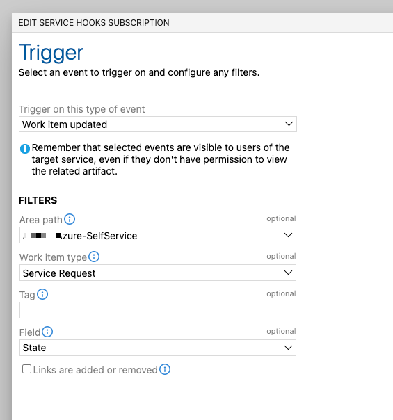 Azure DevOps ServiceHook Trigger Configuration for work item updates