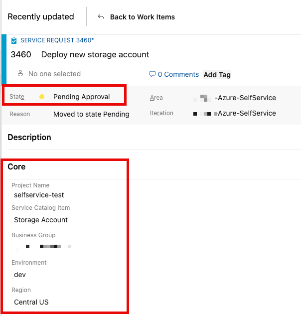 Azure DevOps Work Item showing the options available to our Azure DevOps pipelines