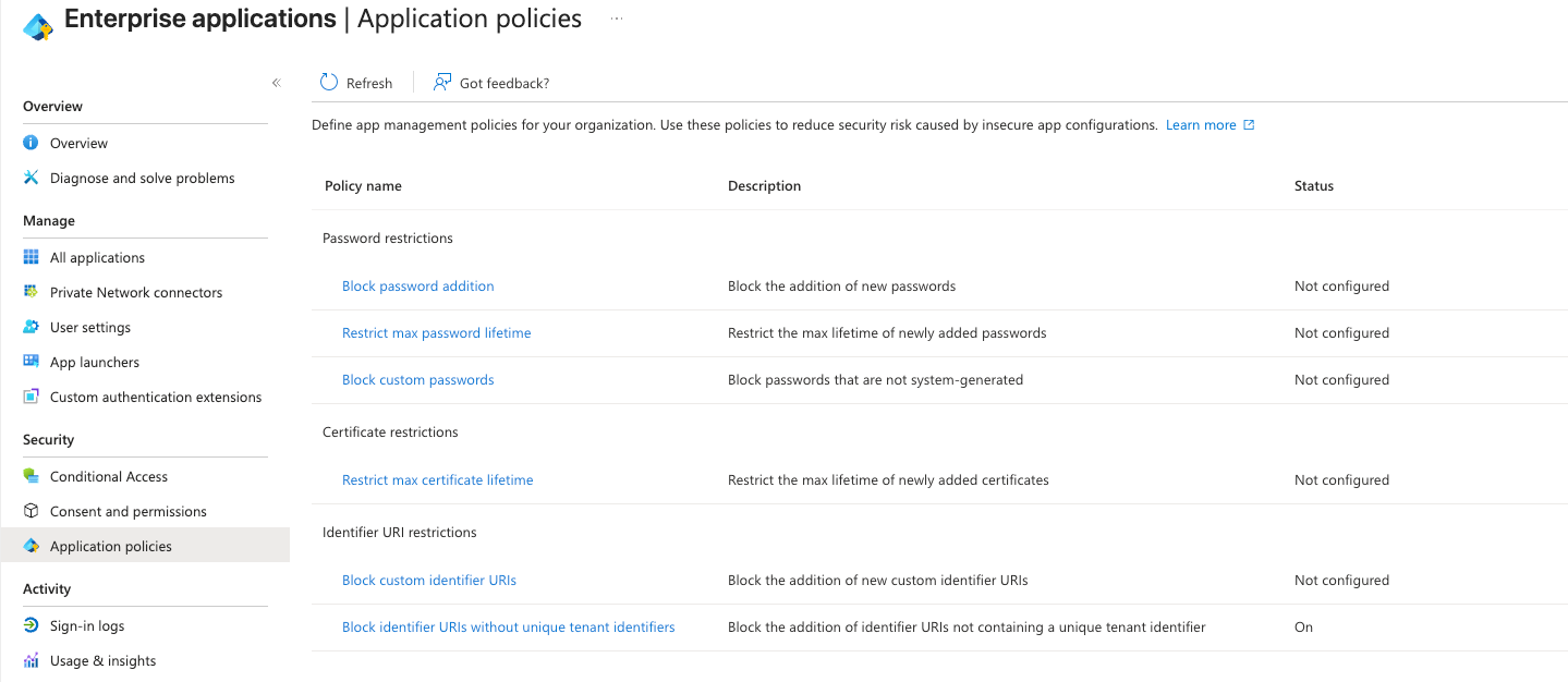 Entra ID Application Policies Overview Screen