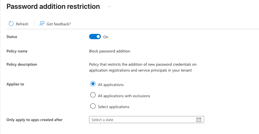 Entra ID Application Policy to block adding secrets and passwords to Entra Applications