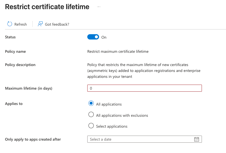 Entra ID Application Policy showing the maximum certificate lifetime
