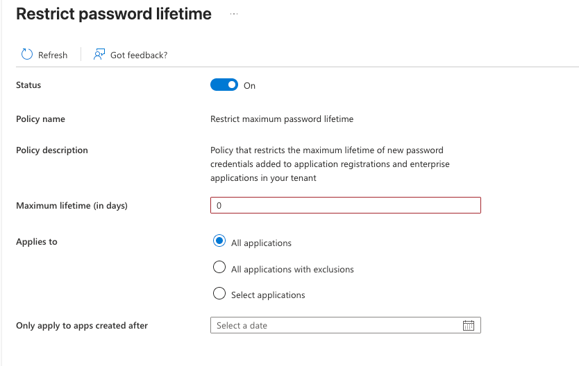 Entra ID Application Policy to restrict password lifetime on service principals