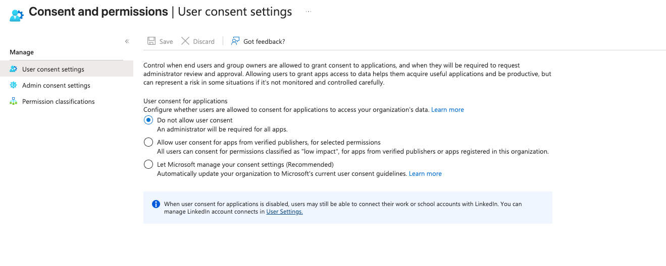 Entra ID Consent and Permissions configuration for user consent configuration