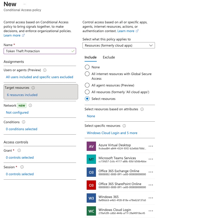 Conditional Access Policy for Token Theft Protection showing supported applications