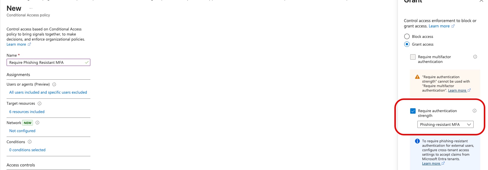 Entra Conditional Access Policy Showing Phishing Resistant MFA methods