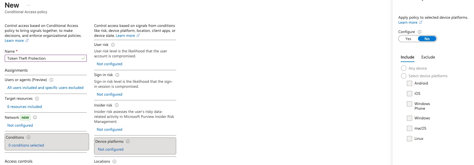 Conditional Access Policy showing Device Filter options for Token Theft Protection